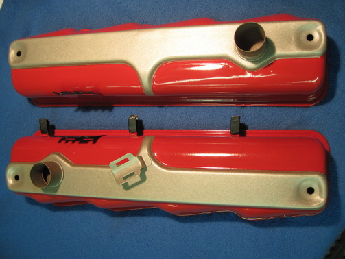 Chrysler FirePower hemi valve covers in Pacific Silver and plug wire covers in Wilder Red over Super Chrome